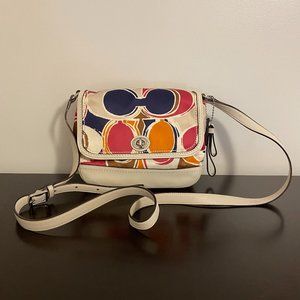 Coach Park Hand Drawn Navy Pink Satin Scarf Print White Leather Crossbody